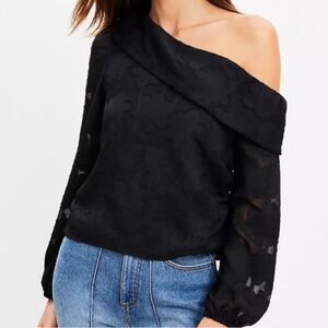 Loft Black Jacquard Floral One Shoulder Blouse Size 8 NWT